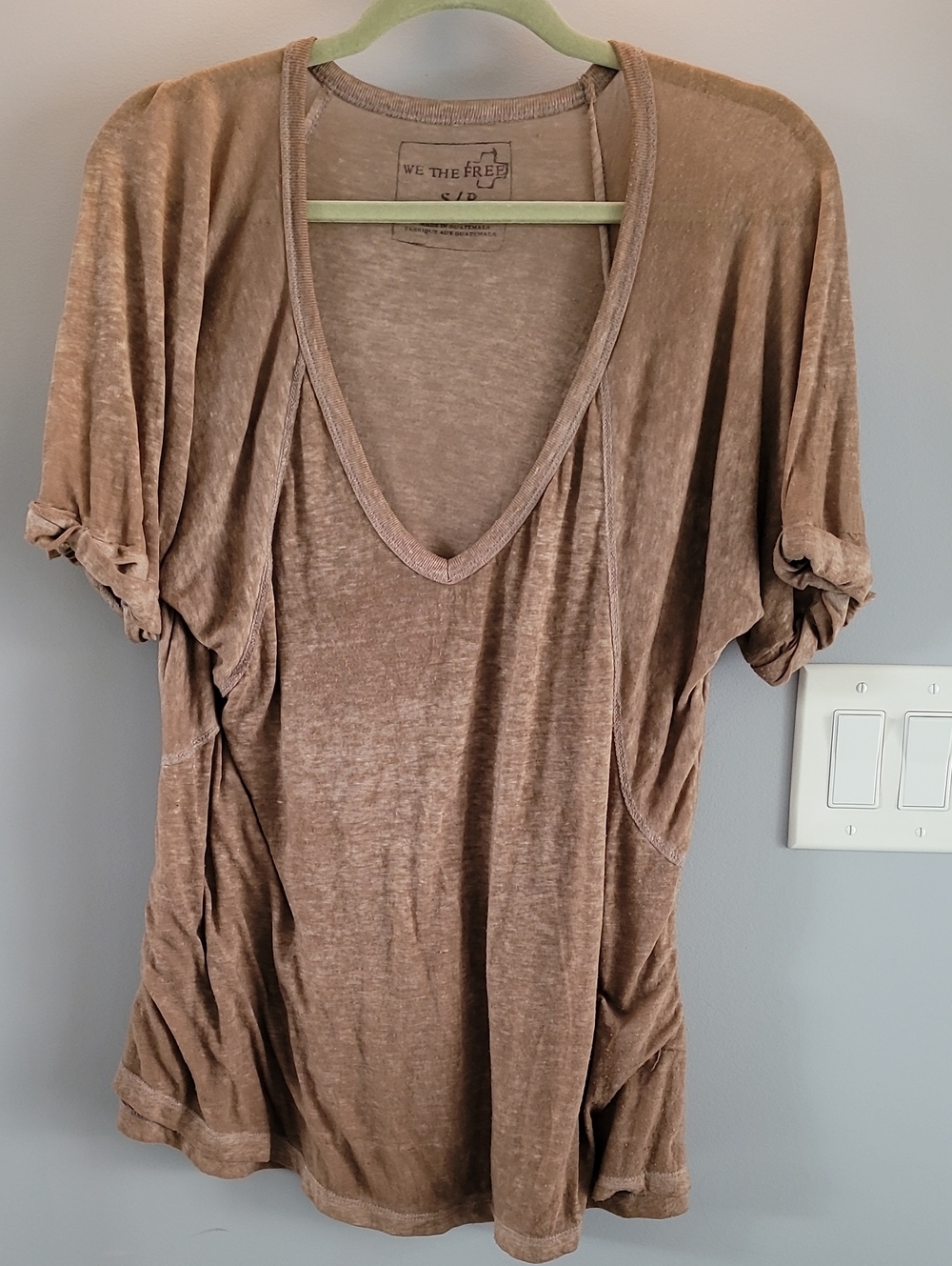 We The Free Brown Taupe Short Sleeve V-Neck Top